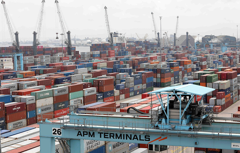 Lagos, Nigeria July 2019. Cranes and containers at the gateway port in Apapa. Photo: Temilade Adelaja, Reuters.