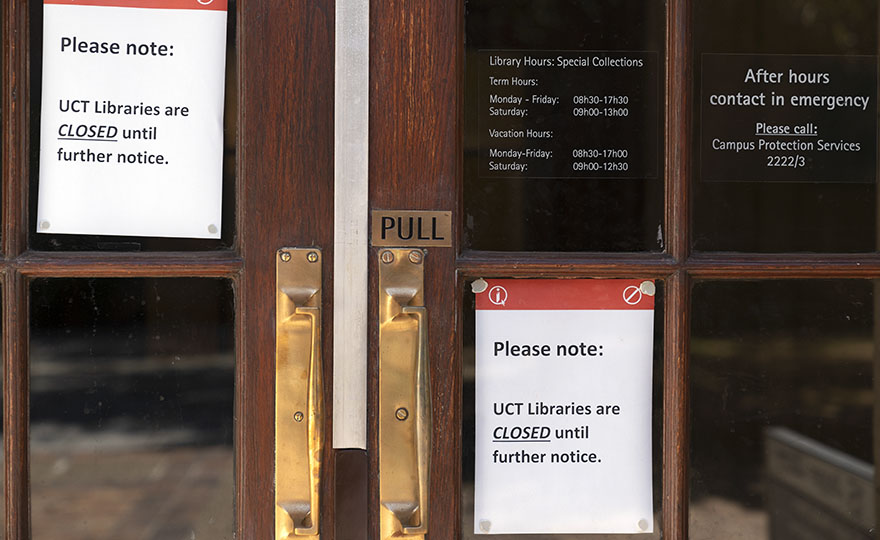 Closure notices on the University of Cape Town (UCT) campus, in Cape Town, South Africa, 23 March 2020. 