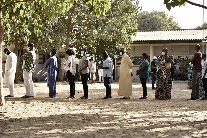 Voters queue at a voting station in Dakar during the 2022 municipal elections in Senegal. 