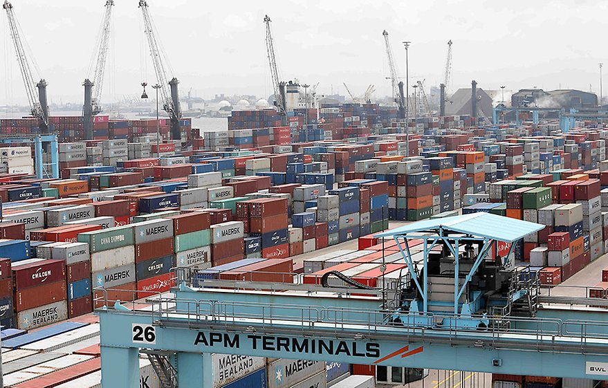 Lagos, Nigeria July 2019. Cranes and containers at the gateway port in Apapa. Photo: Temilade Adelaja, Reuters.