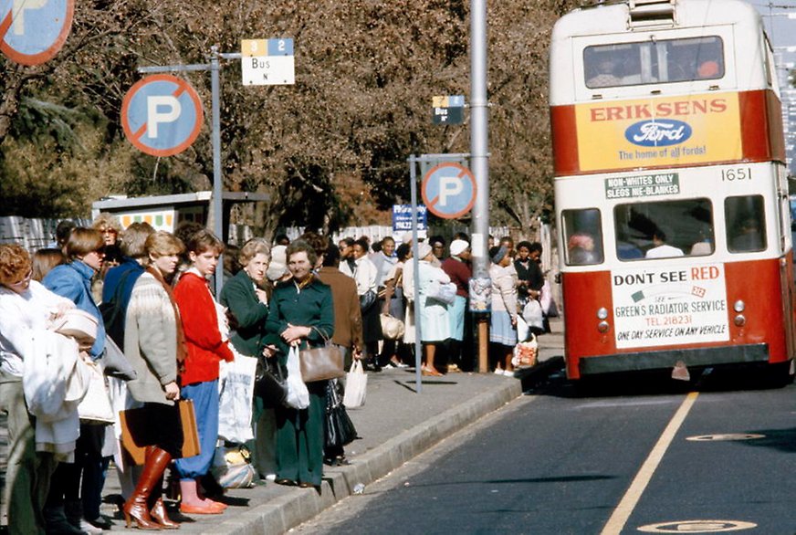 "Non-whites only", reads the sign on the bus in this photo from Johannesburg in 1982. 