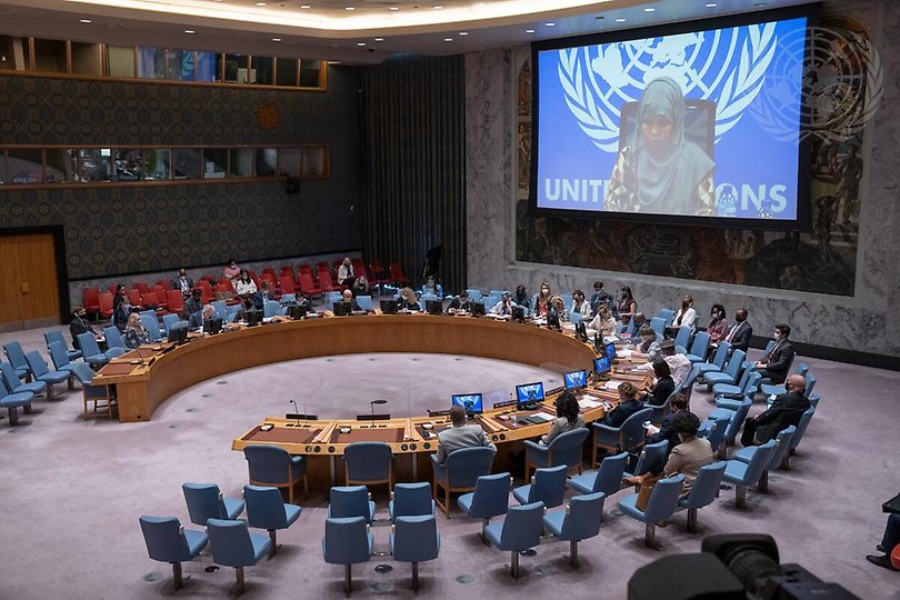 A wide view of the Security Council meeting on the situation in Somalia.On the screen is Shukria Dini, Co-founder and Executive Director of the Somali Women’s Studies Centre