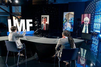 Managing Director Kristalina Georgieva, IMF, Executive Secretary Vera Songwe, ECA, and Mohamed A. El-Erian, Queens’ College, during the IMF seminar “Averting a Covid-19 Debt Trap”. 